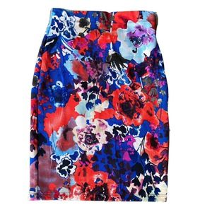 Honey & Lace Sz XS Womens Pencil Skirt Elastic Waist Blue Red Floral Stretch NEW